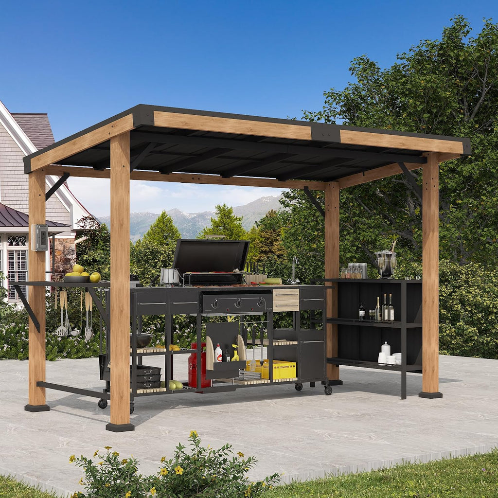 Big Leaf 6' X 12' Grill Gazebo, Cedar Wood Gazebo with Dual Bar Tops & Shelves, Patio Pavilion Featuring Galvanized Steel Roof, USB and USB-C connectors for Patio and Garden Use