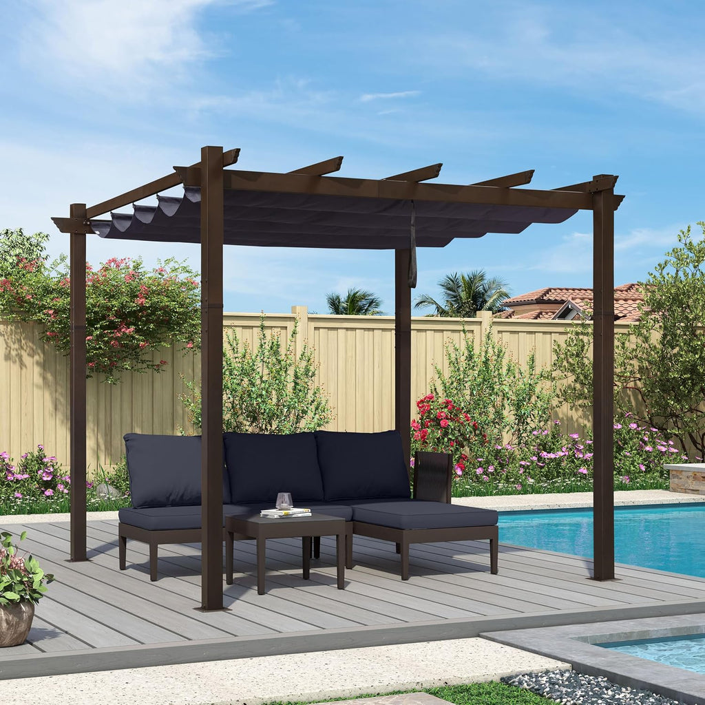 PURPLE LEAF Pergola 10' X 10' Outdoor Retractable Metal Pergola with Canopy Patio Shade for Garden Yard Pavilion Grill for Beach Deck Gazebo, Navy Blue