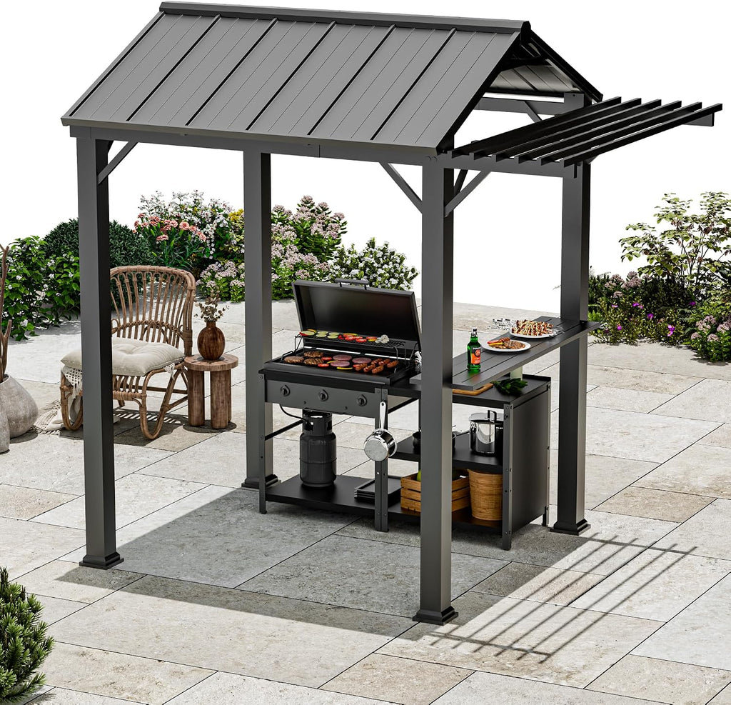 Big Leaf 6'x8' Grill Gazebo Hardtop with Galvanized Steel Roof, BBQ Gazebo with Pergola Extension, Outdoor Canopy with Rust-Resistant Metal Frame for All-Season BBQ & Patio Use