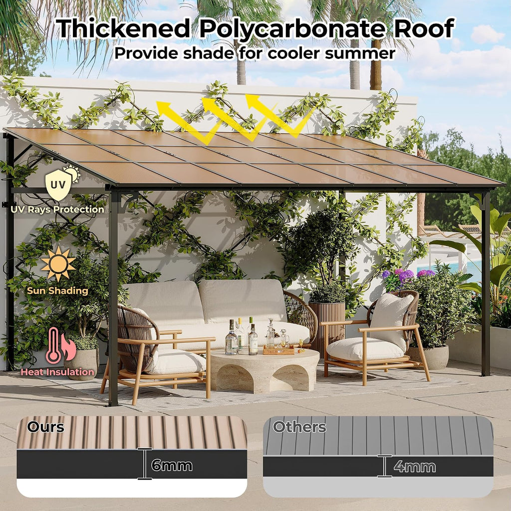 12' x 14' Gazebo for Patio, Large Wall Mounted Gazebos Pergola with Metal Frame, Hard Top Lean to Pergola, Outdoor Patio Lean to Metal Awnings Gazebos for Deck, Porch, Backyard