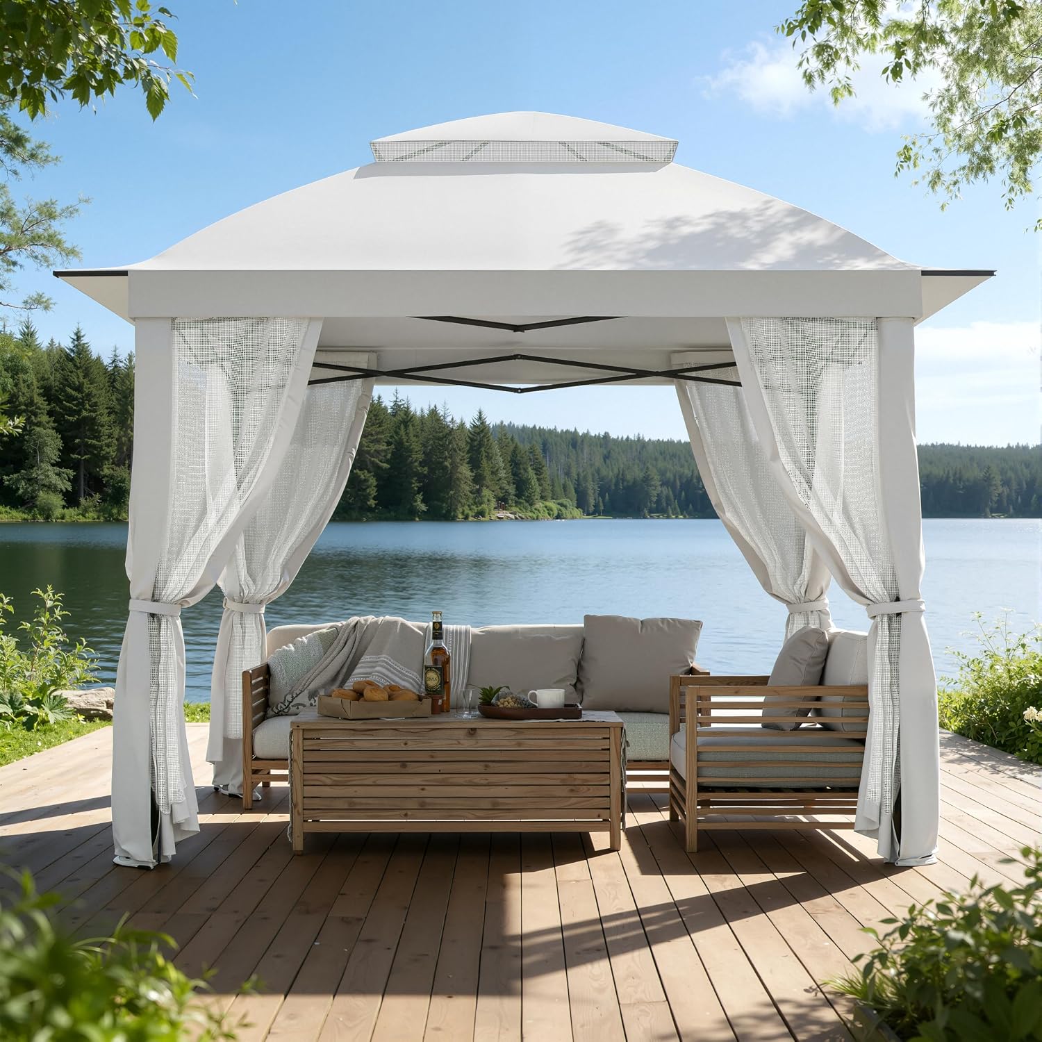 11'X11' Gazebo Pop Up with 4 Sidewalls Mosquito Netting, Heavy Duty Patio Gazebo Canopy Tent with Double Air Roofs for Backyards, Patios, Decks, Gardens, Parks