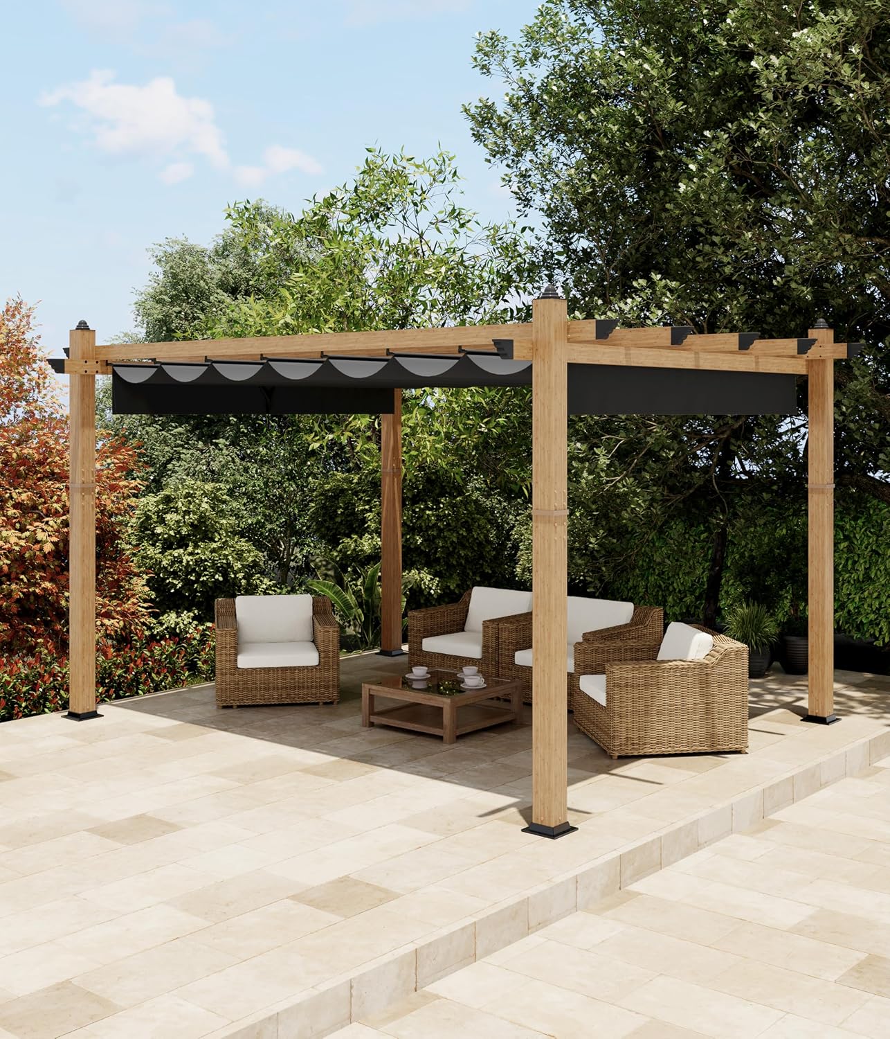 KYBOLT 10x13 Ft Outdoor Pergola with Retractable Canopy Upgraded Wood Grain Patio Pergola for Modern Backyard Deck Porch Grape Trellis - Gray