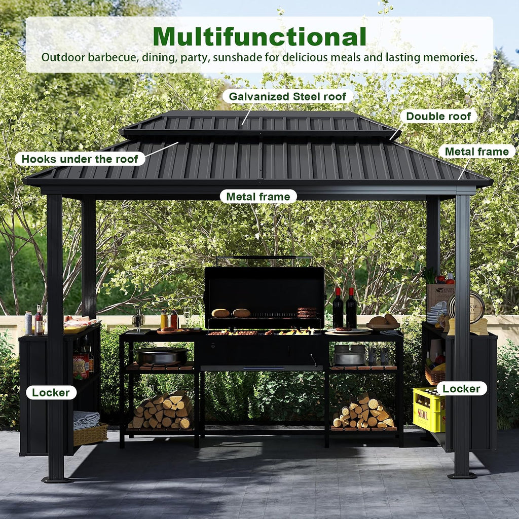 Domi 6'x10' Hardtop Grill Gazebo, BBQ Gazebo for Outdoor Grill with Double Galvanized Steel Roof, Patio Grill Canopy with 2 Cabinets and Ceiling Hooks for Backyard, Lawn, Garden, Gray