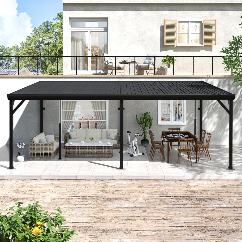 MUPATER 12'x 20' Lean to Gazebo, Outdoor Deck Gazebo with Metal Frame and Adjustable Support Posts, Wall-Mounted Heavy Duty Awnings W/Water Drainage System for Patio, Deck, Porch and Backyard