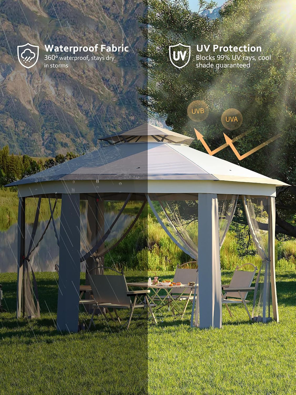 13 x 13FT Pop Up Gazebo, Hexagonal Outdoor Canopy Shelter, Instant Patio Gazebo Tent With Mesh Netting and Strong Steel Frame for Patio Backyard Garden Wedding Party,Light Gray+Dark Gray