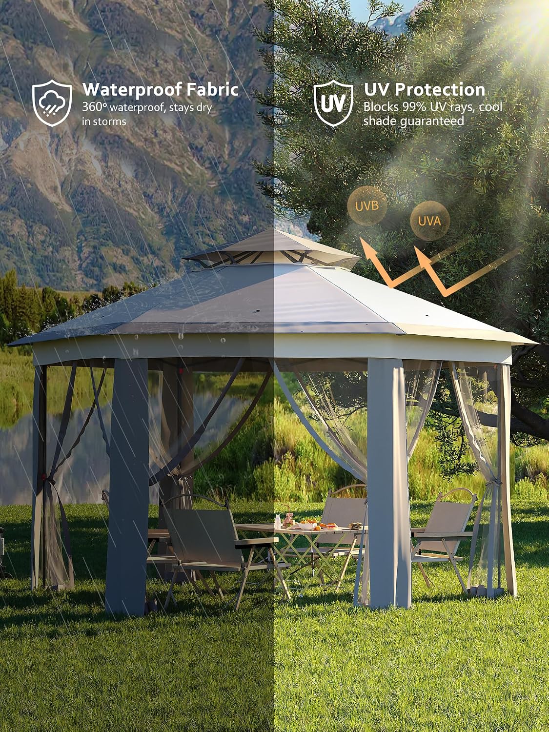 13 x 13FT Pop Up Gazebo, Hexagonal Outdoor Canopy Shelter, Instant Patio Gazebo Tent With Mesh Netting and Strong Steel Frame for Patio Backyard Garden Wedding Party,Light Gray+Dark Gray