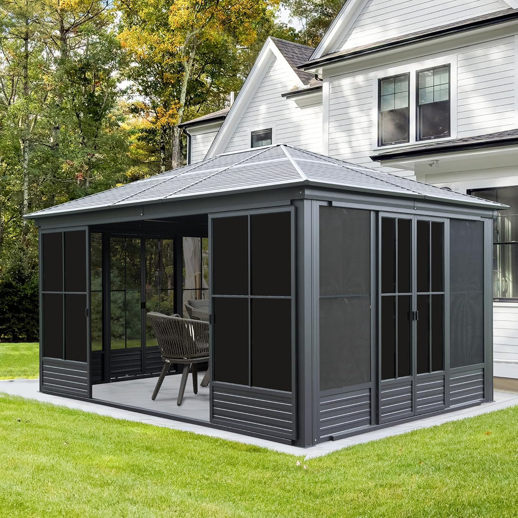 Domi 12x15FT Sunroom Gazebo with 4 Sliding Doors on All Sides, Aluminum Patio Solarium Sunroom Kit All Season, Freestanding Enclosed Gazebo with Galvanized Steel Roof and Movable PVC Windows