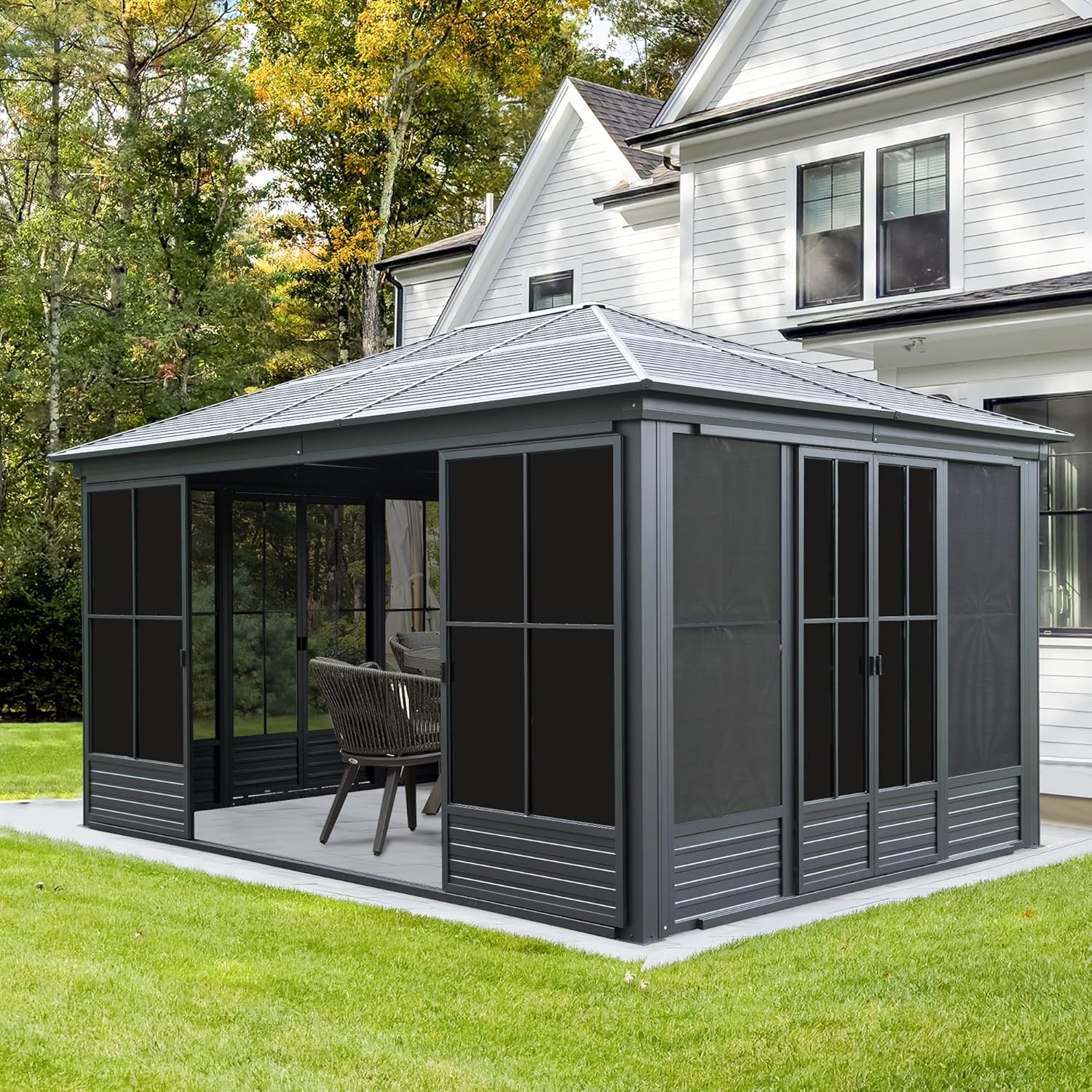 Domi 12x15FT Sunroom Gazebo with 4 Sliding Doors on All Sides, Aluminum Patio Solarium Sunroom Kit All Season, Freestanding Enclosed Gazebo with Galvanized Steel Roof and Movable PVC Windows
