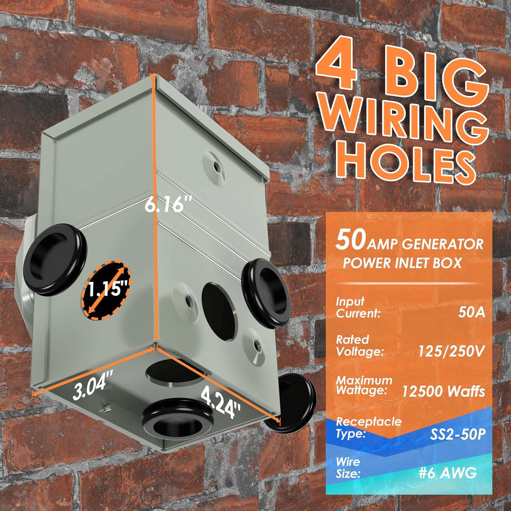 50 Amp 100 Feet Generator Cord and Power Inlet Box Combo Kit NEMA 14-50P Male to SS2-50R STW 6/3+8/1 AWG 125/250V Twist Locking with Inlet Box for Generator to House, UL Listed