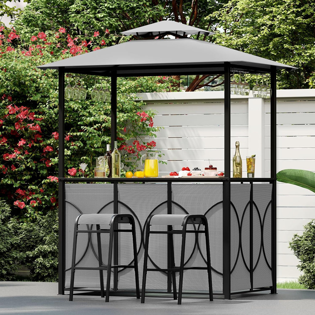 Tangkula 3-Piece Patio Bar Set, Grill Gazebo & 2 Bar Stools with Tempered Glass Bar Table, Metal Storage Shelves, Glass Holders, Double-Tier Soft Top Canopy BBQ Gazebo Shelter for Patio Garden (Grey)