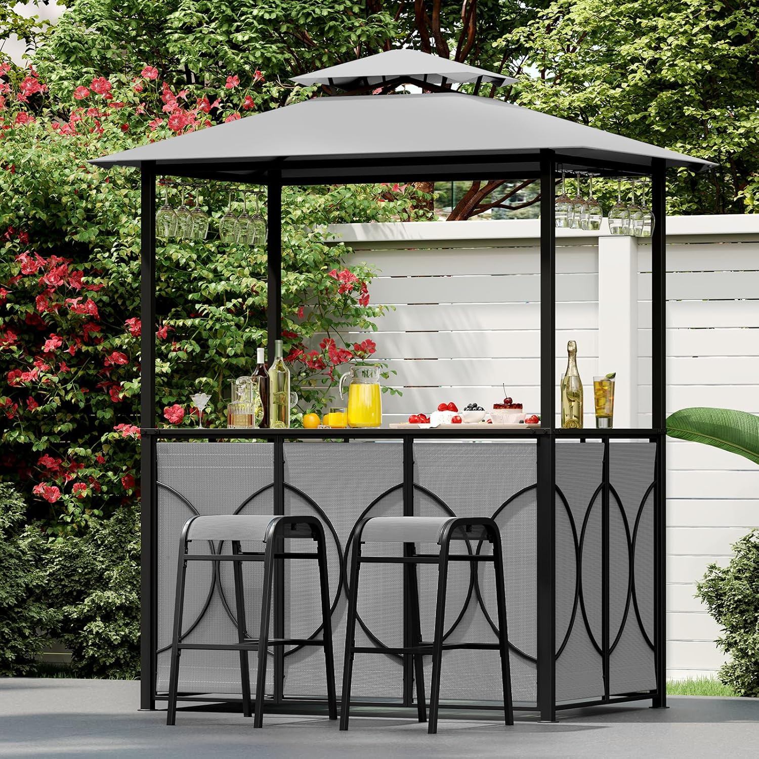 Tangkula 3-Piece Patio Bar Set, Grill Gazebo & 2 Bar Stools with Tempered Glass Bar Table, Metal Storage Shelves, Glass Holders, Double-Tier Soft Top Canopy BBQ Gazebo Shelter for Patio Garden (Grey)