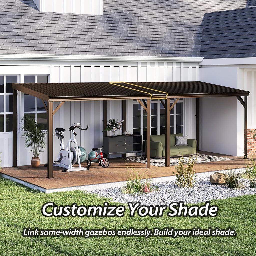 Domi 8'x8' Lean to Gazebo Hardtop, Expandable Wall Mounted Pergola with Gutters & Galvanized Steel Roof, 60MPH Wind Resistance, Outdoor Metal Heavy Duty Metal Awning for Patio, Deck, Backyard - Brown