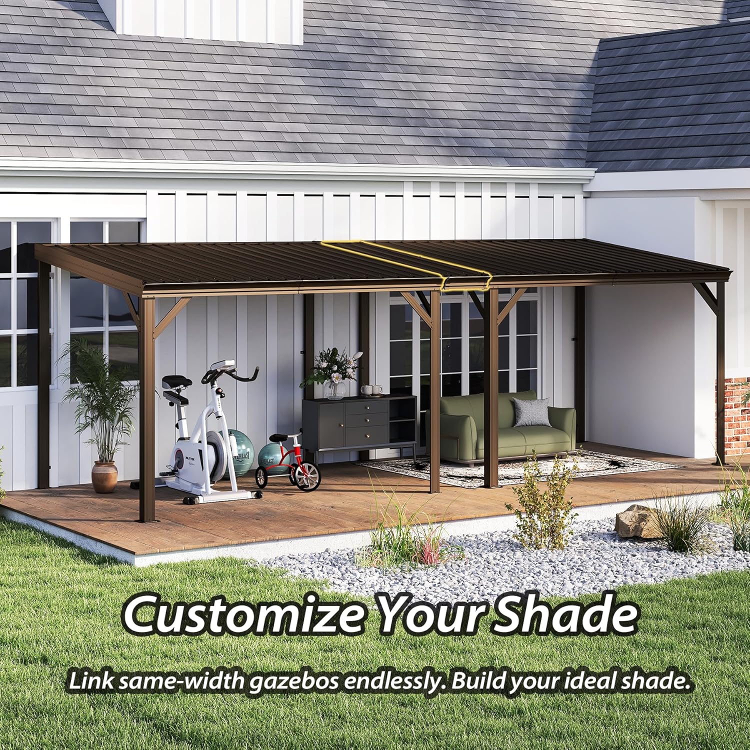 Domi 8'x8' Lean to Gazebo Hardtop, Expandable Wall Mounted Pergola with Gutters & Galvanized Steel Roof, 60MPH Wind Resistance, Outdoor Metal Heavy Duty Metal Awning for Patio, Deck, Backyard - Brown