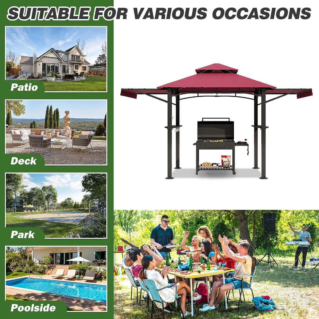 GARTOO 8'x5' Outdoor Grill Gazebo with 2 Side Awnings - Double Roof BBQ Gazebo Canopy with LED Lights and 2 Side Shelves, Patio BBQ Pergola Shelter for Garden, Porch and Backyard (Red)