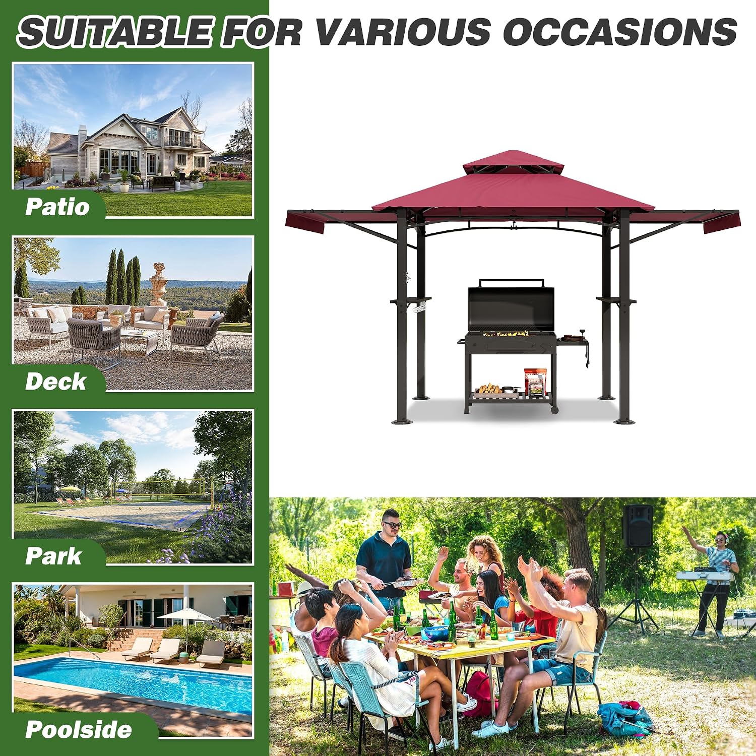 GARTOO 8'x5' Outdoor Grill Gazebo with 2 Side Awnings - Double Roof BBQ Gazebo Canopy with LED Lights and 2 Side Shelves, Patio BBQ Pergola Shelter for Garden, Porch and Backyard (Red)