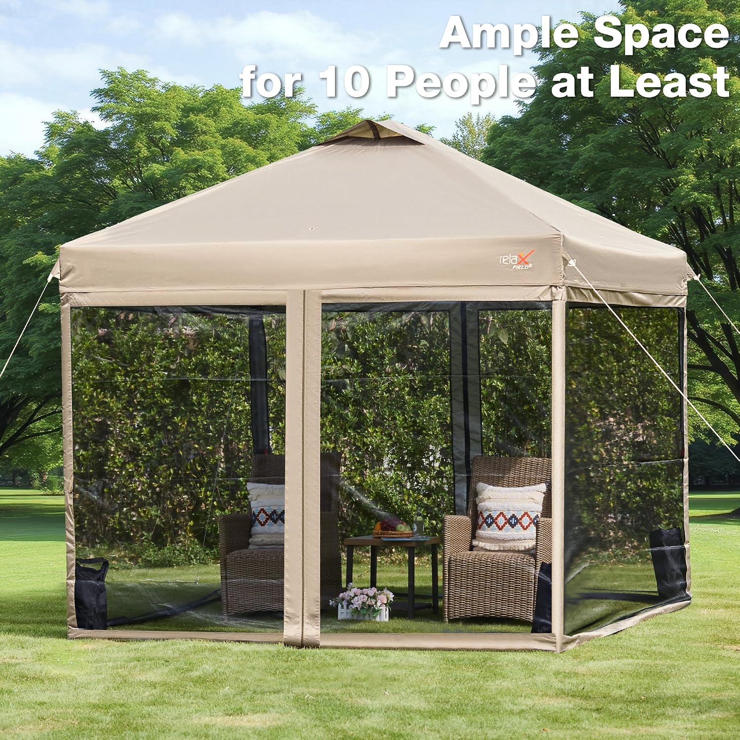 10x10 Pop Up Canopy Tent with Mosquito Netting, Outdoor Portable Screen Tent for Yard, Party, Camping and Picnic, 3 Height Positions, Patio Gazebo with Roller Bag and 4 Sandbags, Khaki