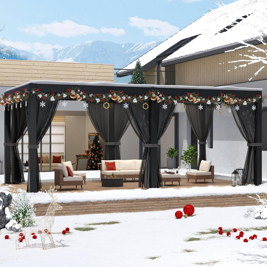 LVUYOYO Outdoor Louvered Pergola 10' x 20', Aluminum Pergola with Adjustable Roof, Waterproof Metal Gazebo with Curtains and Netting for Patio, Backyard, Garden, Deck (Black)