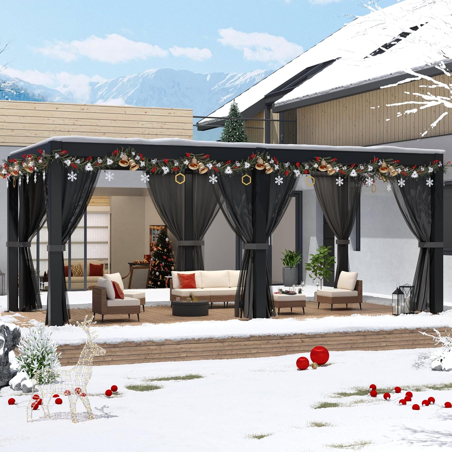 LVUYOYO Outdoor Louvered Pergola 10' x 20', Aluminum Pergola with Adjustable Roof, Waterproof Metal Gazebo with Curtains and Netting for Patio, Backyard, Garden, Deck (Black)
