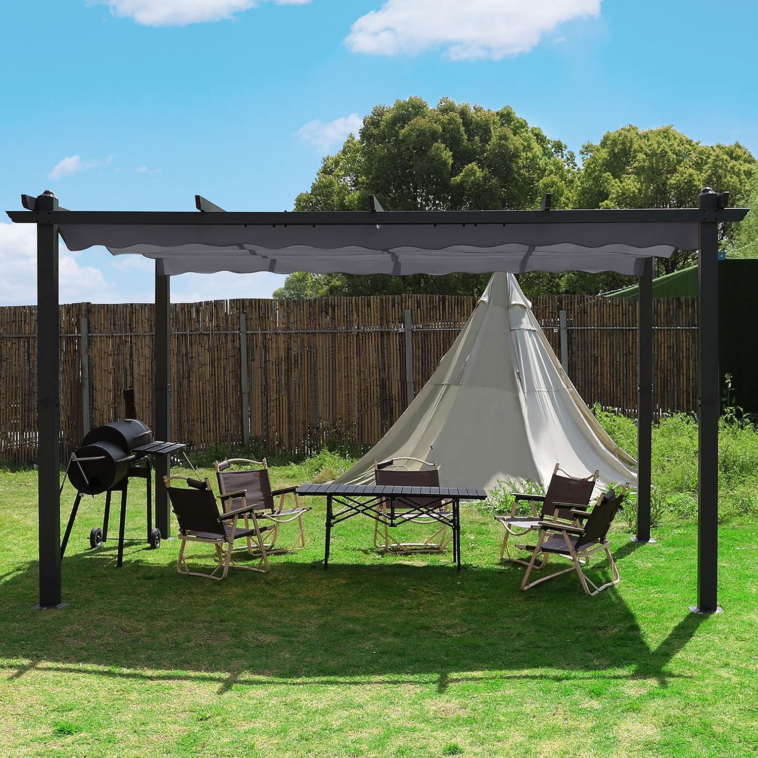 BlueWish 10'x13' Outdoor Pergolas, Metal Pergola with Upgraded Retractable Pergola Canopy, Aluminum Pergolas and Gazebos Heavy-Duty Shelter Sun Shade for Patio Yard, Gray
