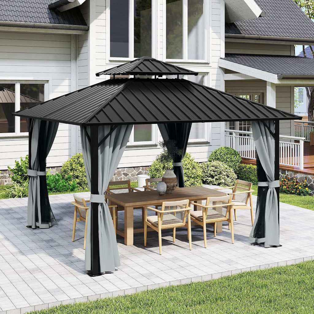 12' x 12' Hardtop Gazebo, Aluminum Frame with Double Galvanized Steel Roof,Permanent Outdoor Gazebo with Netting and Curtains for Backyard, Garden, or Deck, Gray
