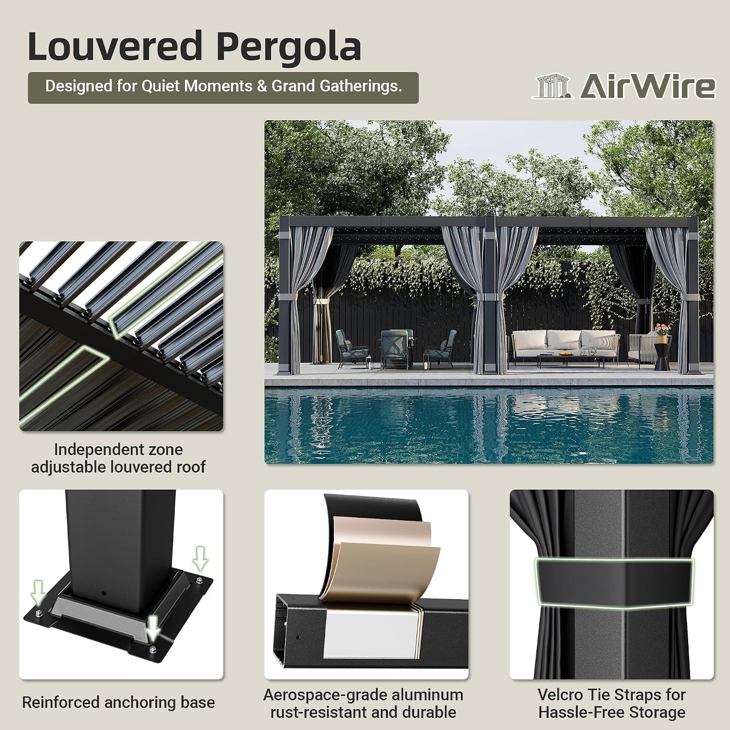 Airwire 12'x20' Louvered Pergola, Outdoor Pergola with 2 Independent Adjustable Roof and Drainage System, Aluminum Pavilion with Curtains & Netting, Hardtop Gazebo for Patio, Deck, Garden, Gray