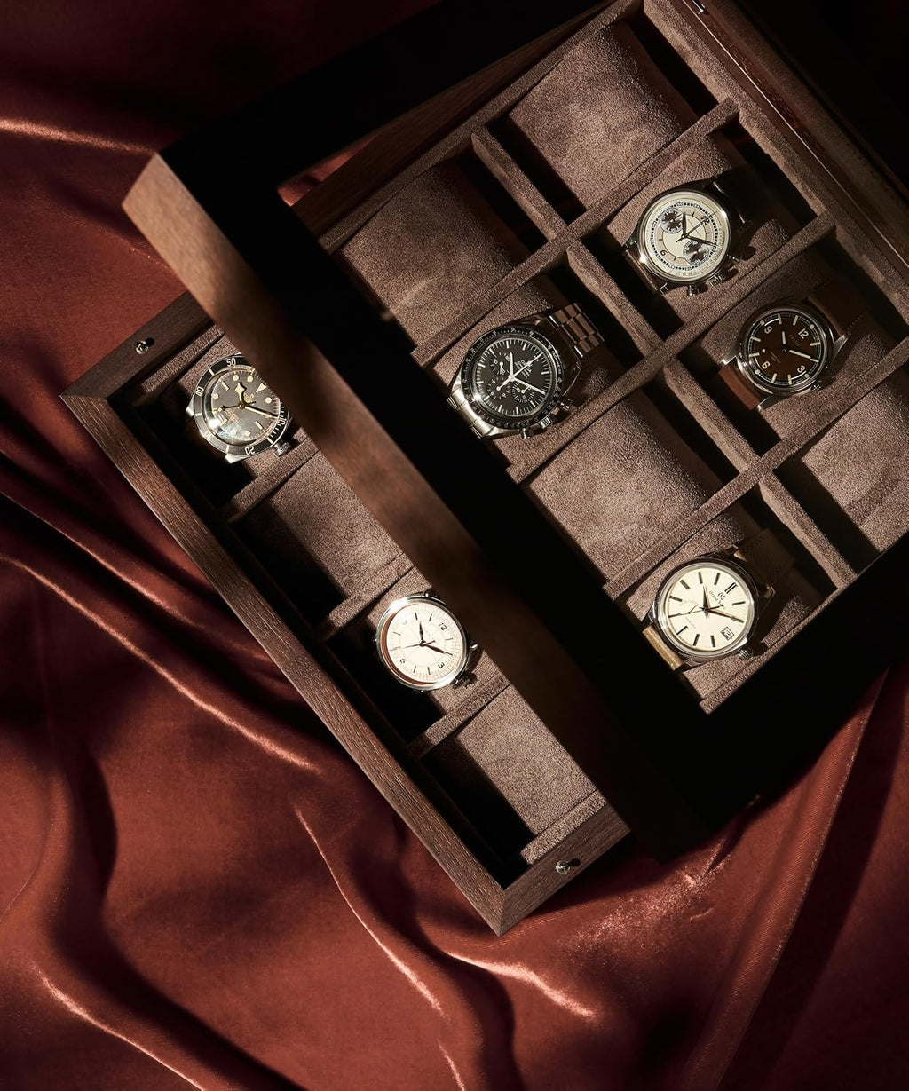 TAWBURY Wooden Watch Case - 12 Slot Wood Watch Box for Men & Women with Glass Display, Protective Fully Lined Interior and 2-inch Wide Pillows for Small & Large Watches (Dark Walnut)