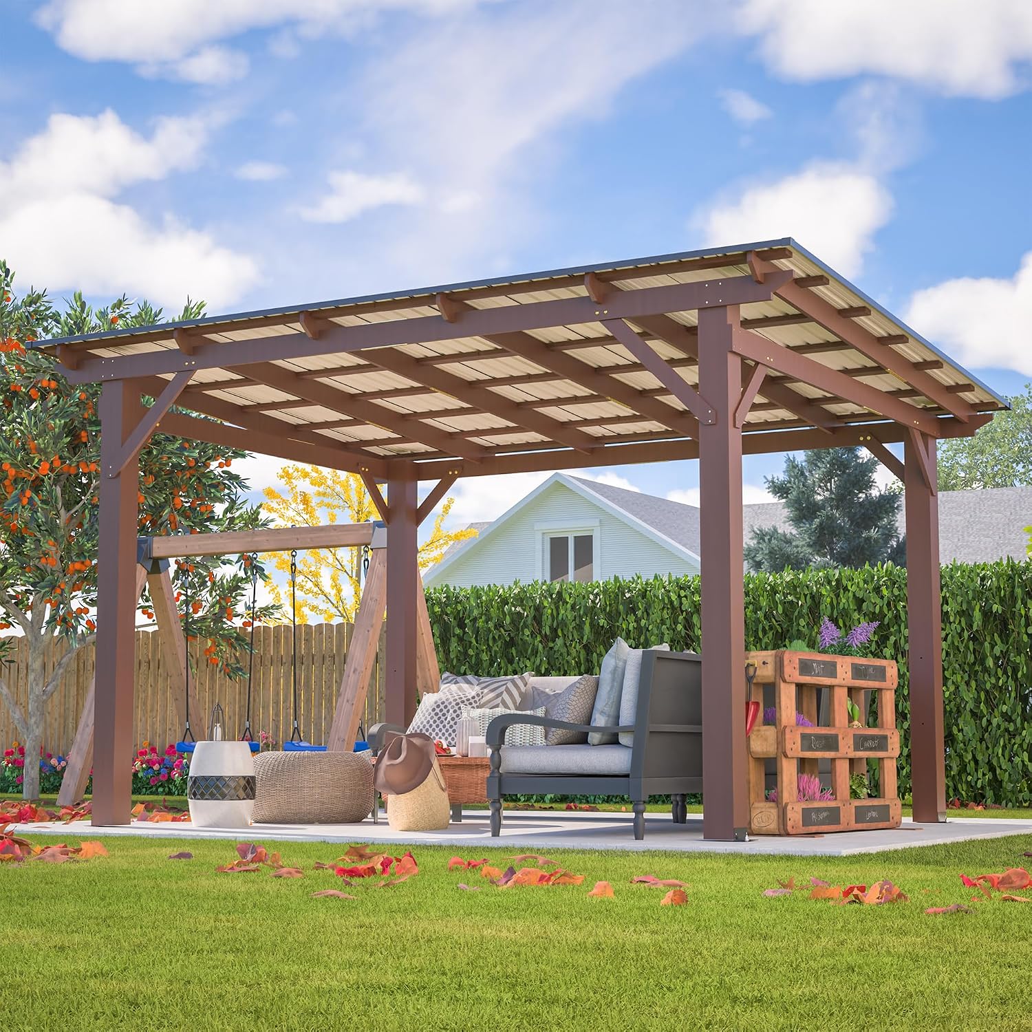 10' x 13' Hardtop Gazebo, Outdoor Pergola with Metal Roof, Grill Gazebo with Wooden Frame & Galvanized Steel Lean to Canopy, Pavilion for Patio, BBQ,Backyard, Garden, fir Wood