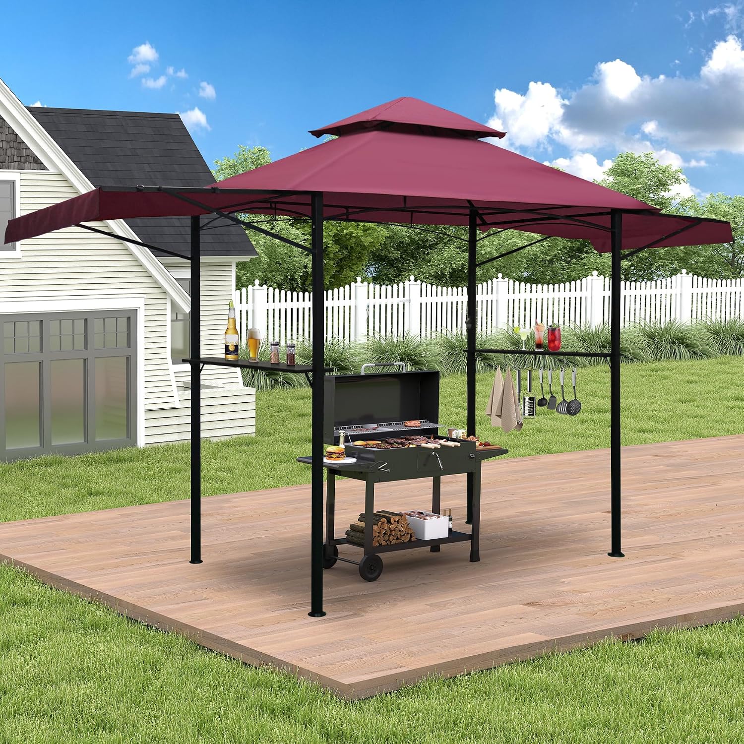 14 x 5Ft Grill Gazebo Outdoor BBQ Gazebo Canopy with Dual Side Awnings Double Tiered Grill Canopy for Patio, Garden, Beach (Red)