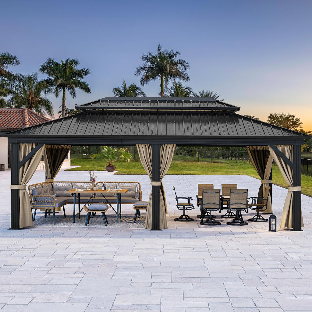 YITAHOME 12X20FT Hardtop Gazebo Double Roof Canopy Galvanized Iron 4.7X4.7'' Aluminum Pillar Garden Tent Curtains Netting for Patios Backyards Decks Lawns