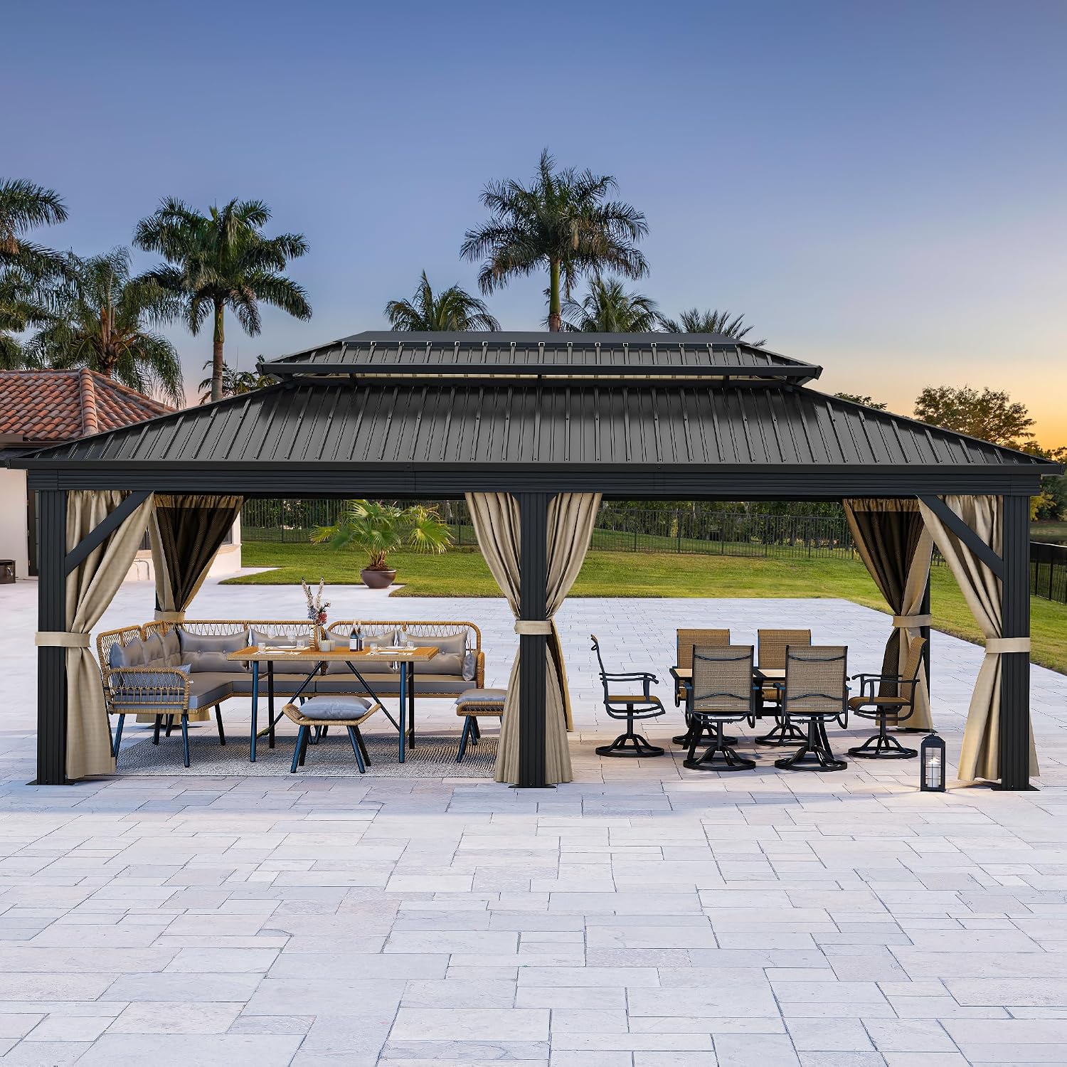 YITAHOME 12X20FT Hardtop Gazebo Double Roof Canopy Galvanized Iron 4.7X4.7'' Aluminum Pillar Garden Tent Curtains Netting for Patios Backyards Decks Lawns