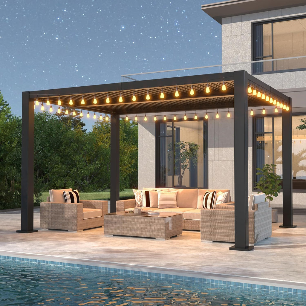 10'13' Outdoor Louvered Pergola with Clear String Lights, Aluminum Pergola Patio with Adjustable Roof for Outdoor Deck, Backyard, Garden (10x13FT with Light)