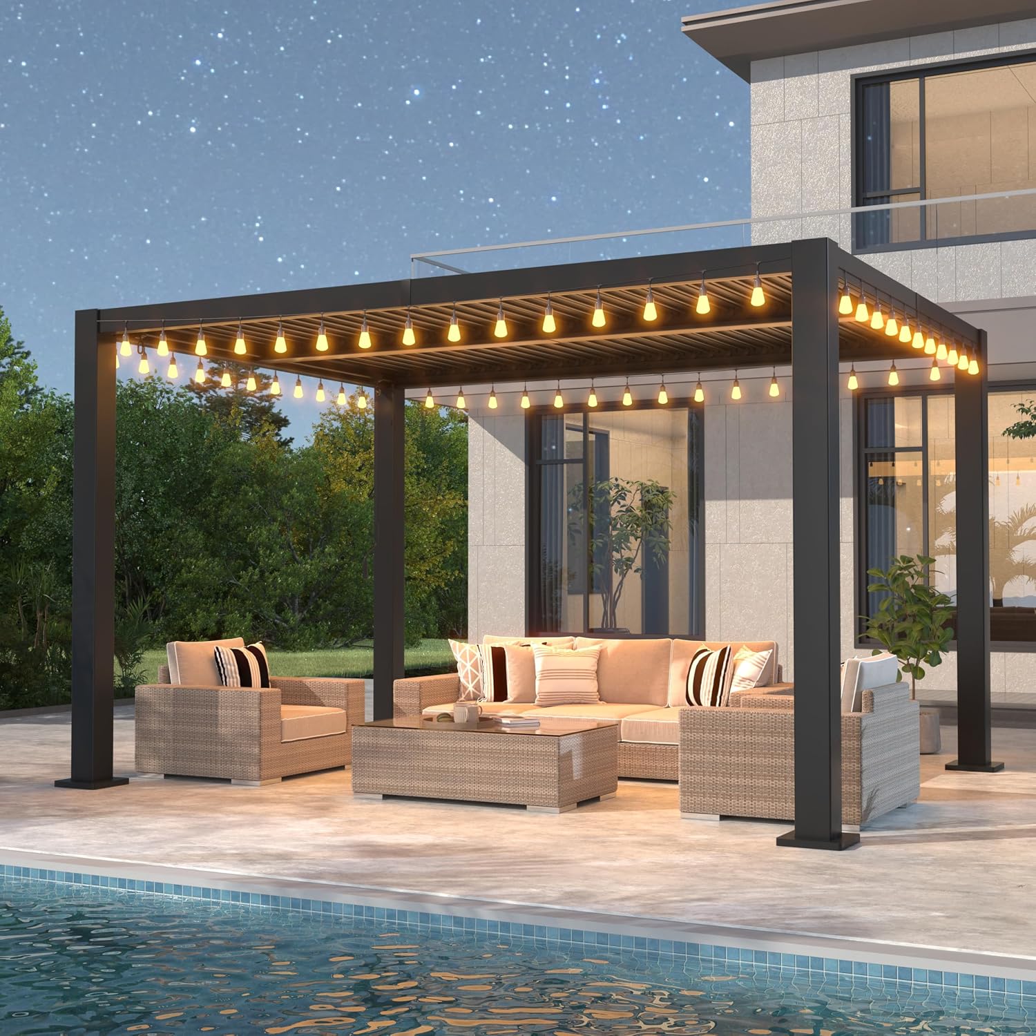 10'13' Outdoor Louvered Pergola with Clear String Lights, Aluminum Pergola Patio with Adjustable Roof for Outdoor Deck, Backyard, Garden (10x13FT with Light)