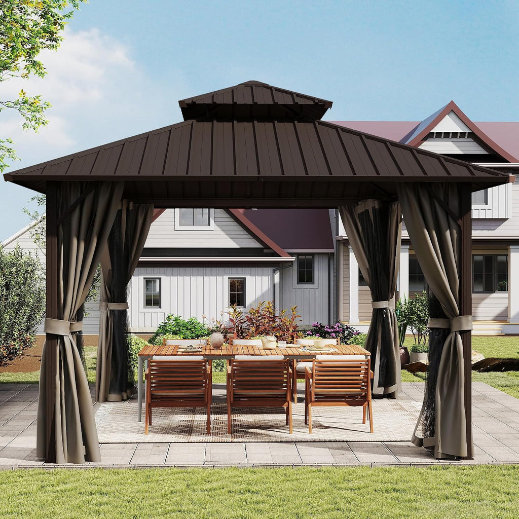 HAPPATIO 12'x12' Outdoor Gazebo with Hardtop Roof, Double Galvanized Steel Roof Canopy with Aluminum Frame, Curtains and Netting for Patio, Backyard, Deck, Lawn, Easy Assembly (Brown)