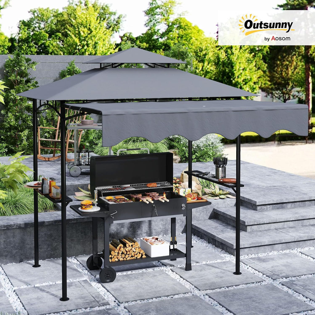 Outsunny 8' x 7.6' Grill Gazebo, Double Tiered Outdoor BBQ Gazebo with Side Awning, 2 Side Shelves and 6 Hooks for Patio, Deck, Yard, Dark Gray