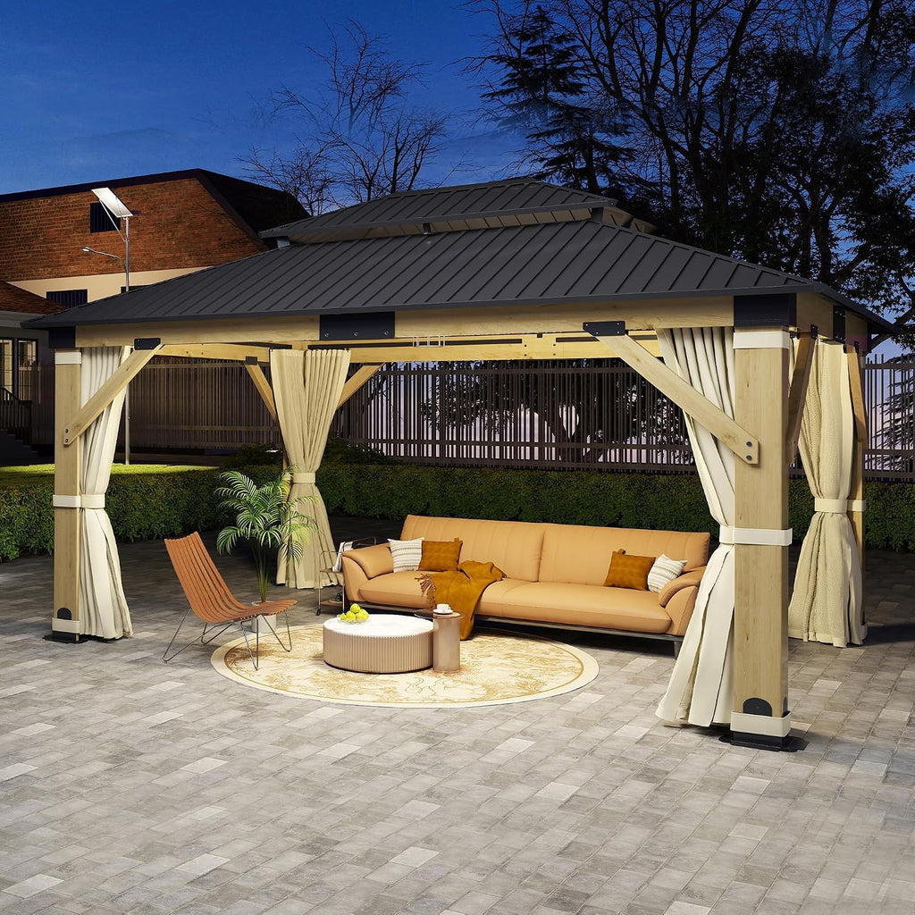 13'x15' Wood Gazebo, Outdoor Solid Wooden Gazebo with Double Roof Galvanized Steel Top, Hardtop Cedar Frame with Curtain & Netting for Garden, Patio, Deck, Backyard