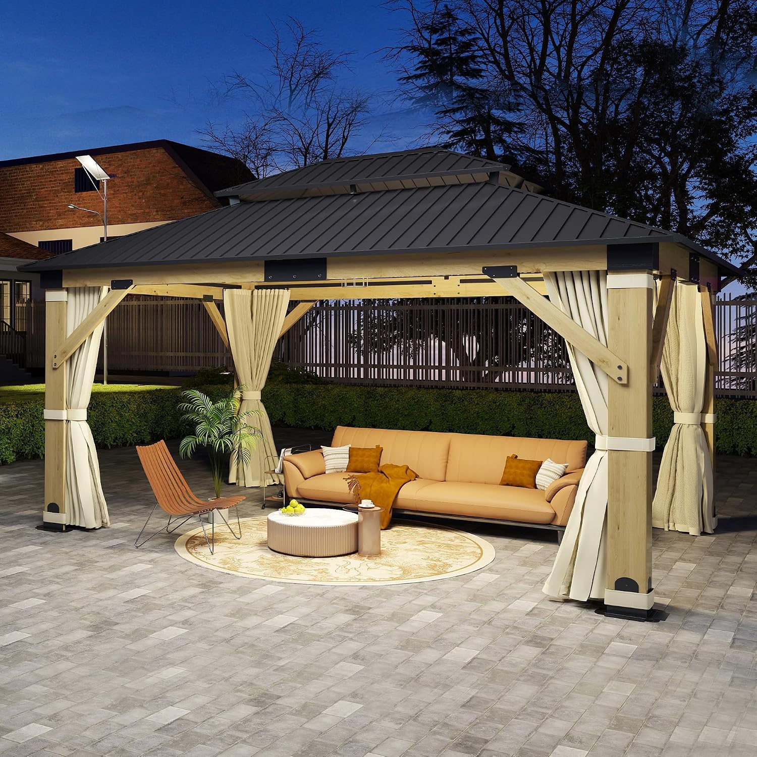 13'x15' Wood Gazebo, Outdoor Solid Wooden Gazebo with Double Roof Galvanized Steel Top, Hardtop Cedar Frame with Curtain & Netting for Garden, Patio, Deck, Backyard