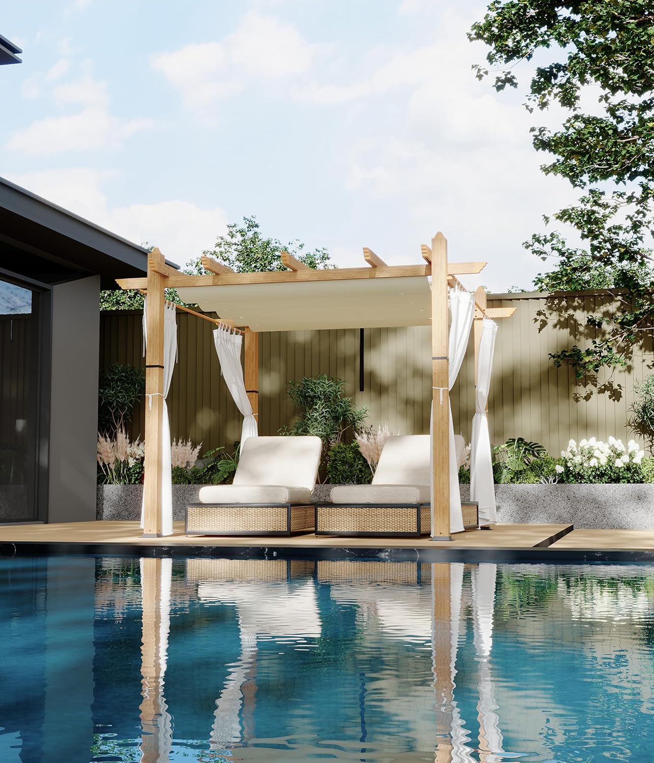 GAOMON 10x10 Ft Outdoor Pergola, Heavy-Duty Aluminum Patio Pergolas and Gazebos Clearance with Retractable Canopy & Side Mesh Curtain, Metal Pergola for Existing Deck, Backyard Garden Porch, Beige