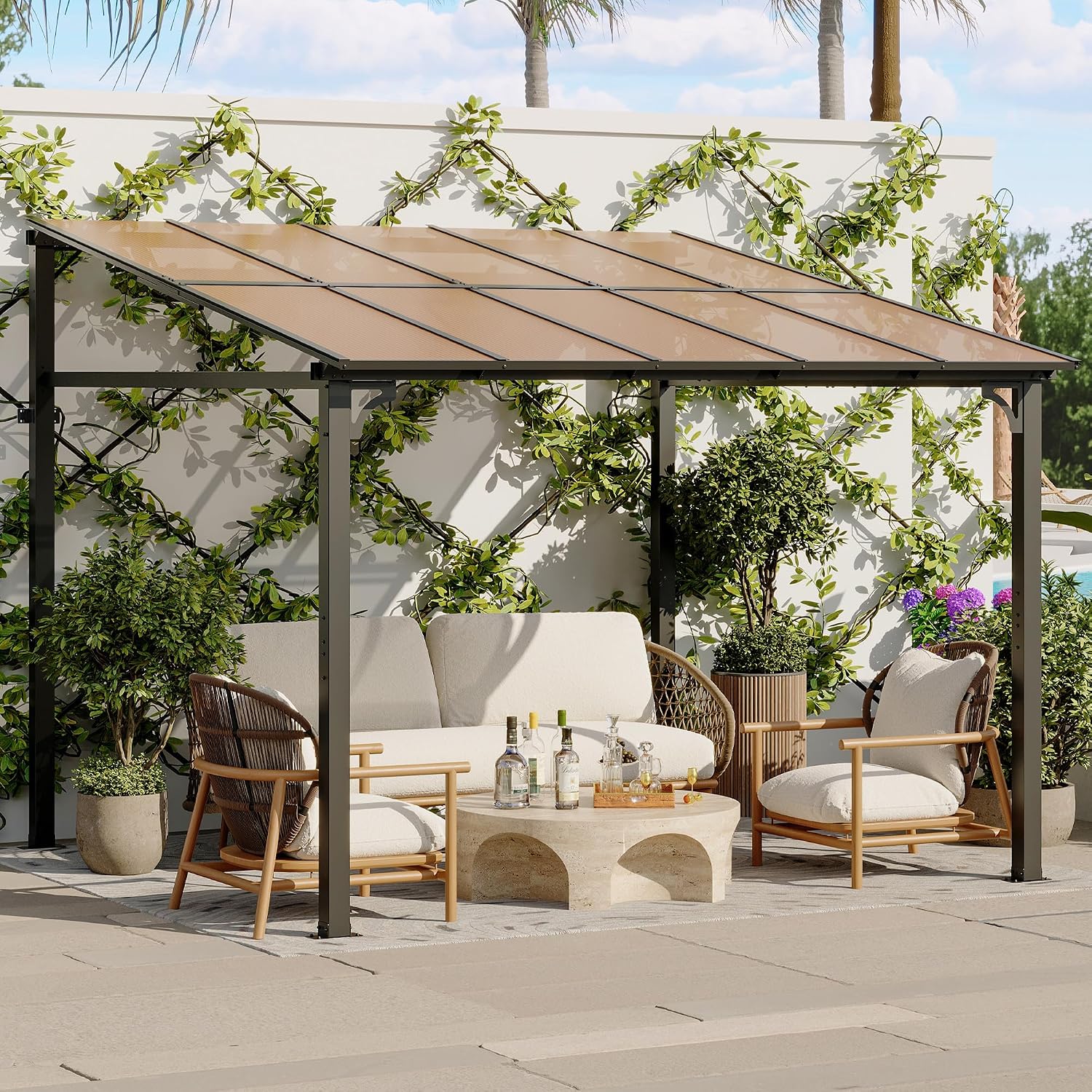 10' x 10' Gazebo for Patio, Large Wall Mounted Gazebos Pergola with Metal Frame, Hard Top Lean to Pergola, Outdoor Patio Lean to Metal Awnings Gazebos for Deck, Porch, Backyard