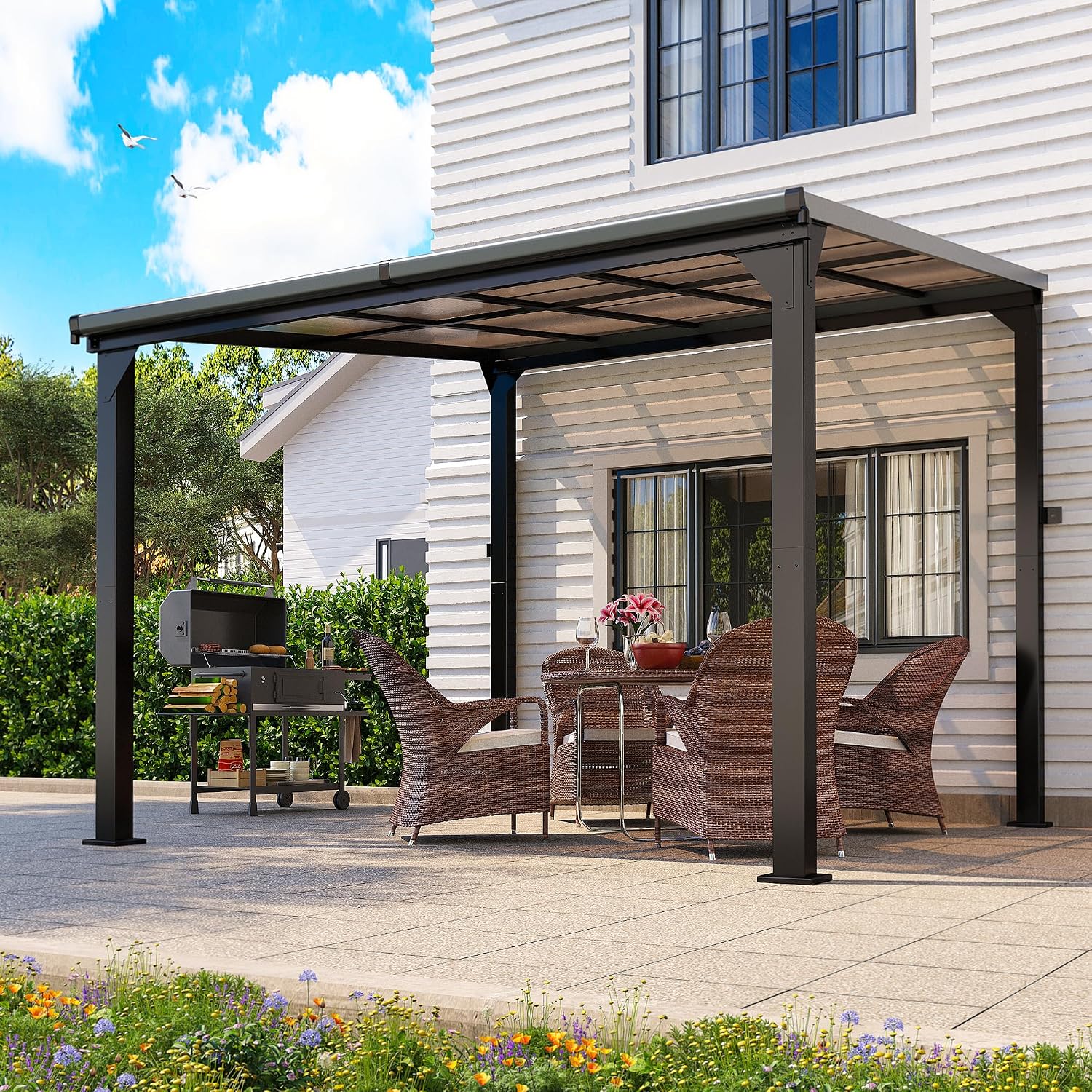 10 * 10FT Pergola,4 * 4 Inch Thickened Pillars & Enlarged Base,Outdoor Hardtop Lean to Gazebo,Wall Mounted Pergola,Pergolas Gazebos Clearance,Aluminum Frame Pergola,UV Resistant Patio Roof