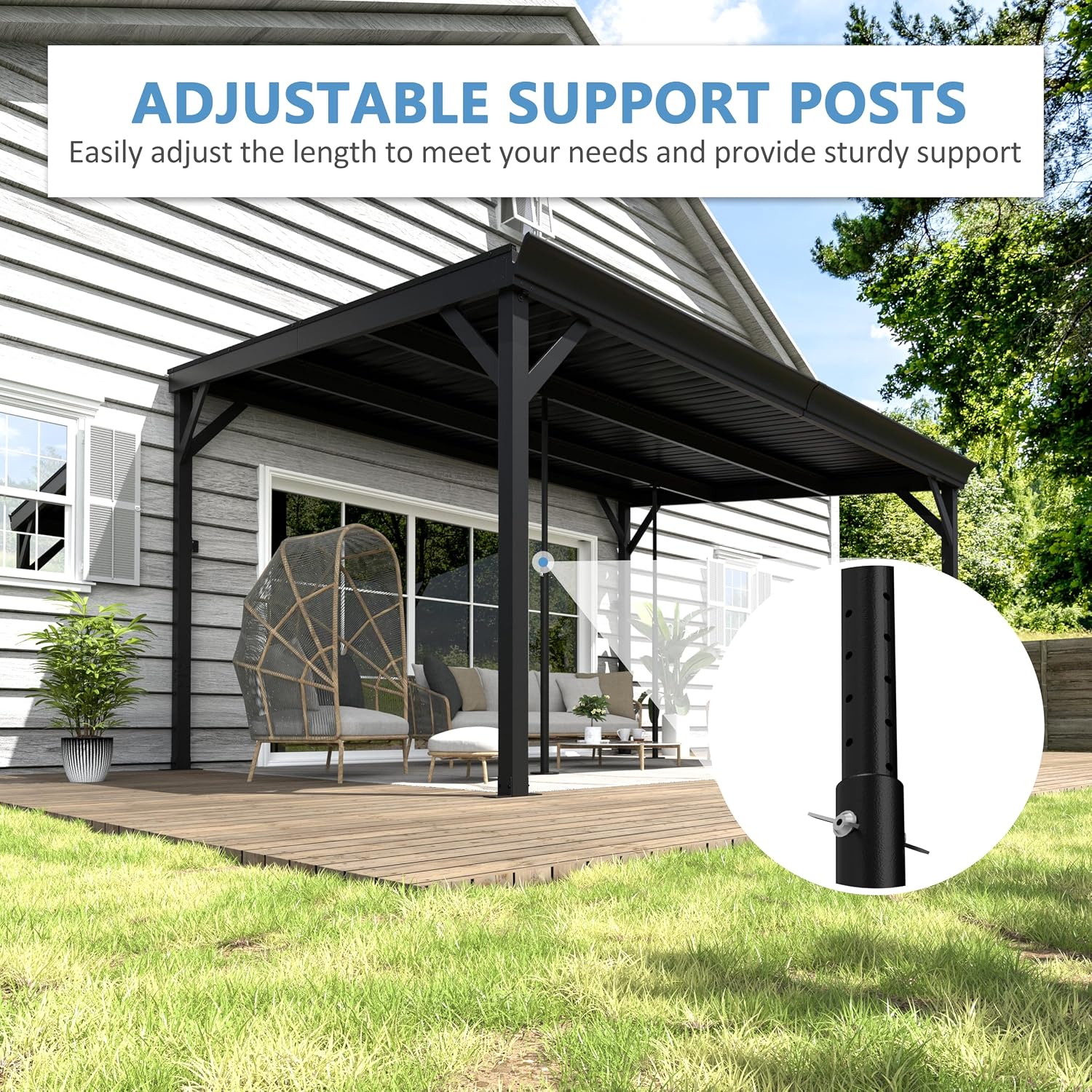 Yardenaler 10x14 FT Hardtop Wall-Mounted Gazebo, Lean to Gazebo with Sloped Aluminum Roof, Outdoor Pergola Canopy with Triangle Structure & Adjustable Support Posts for Patio, Deck, Yard, Black