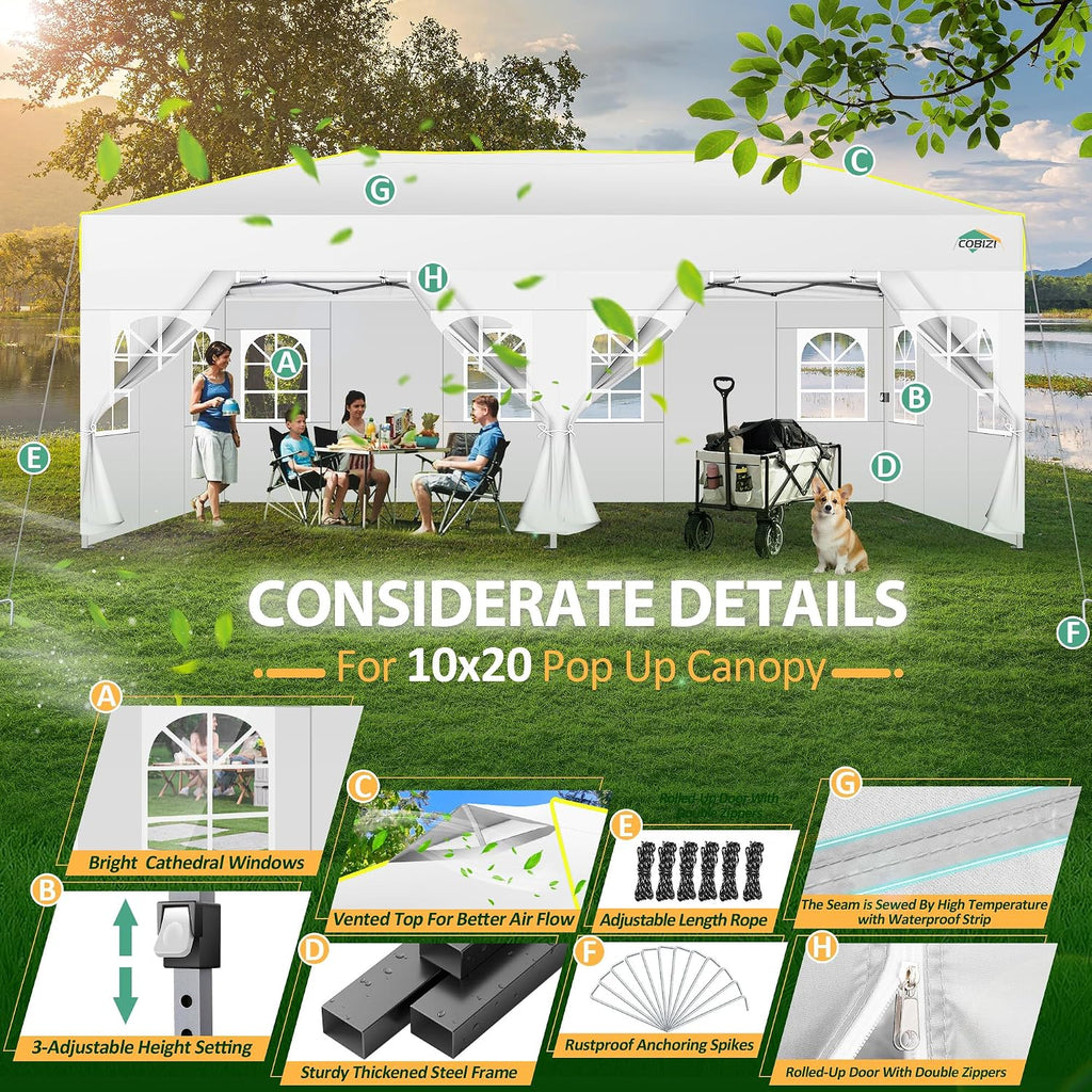 COBIZI 10x20 Pop Up Canopy with 6 Sidewalls One Push Setup Outdoor Event Shelter Waterproof UPF 50+ Gazebo Tent with Carry Bag,Air Vent,Sandbag for Wedding, Commercial, Party,White