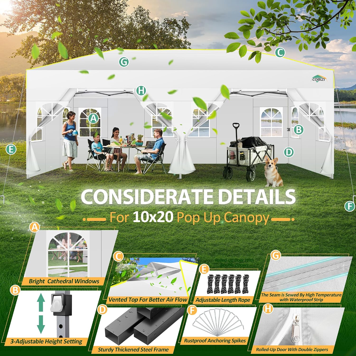 COBIZI 10x20 Pop Up Canopy with 6 Sidewalls One Push Setup Outdoor Event Shelter Waterproof UPF 50+ Gazebo Tent with Carry Bag,Air Vent,Sandbag for Wedding, Commercial, Party,White