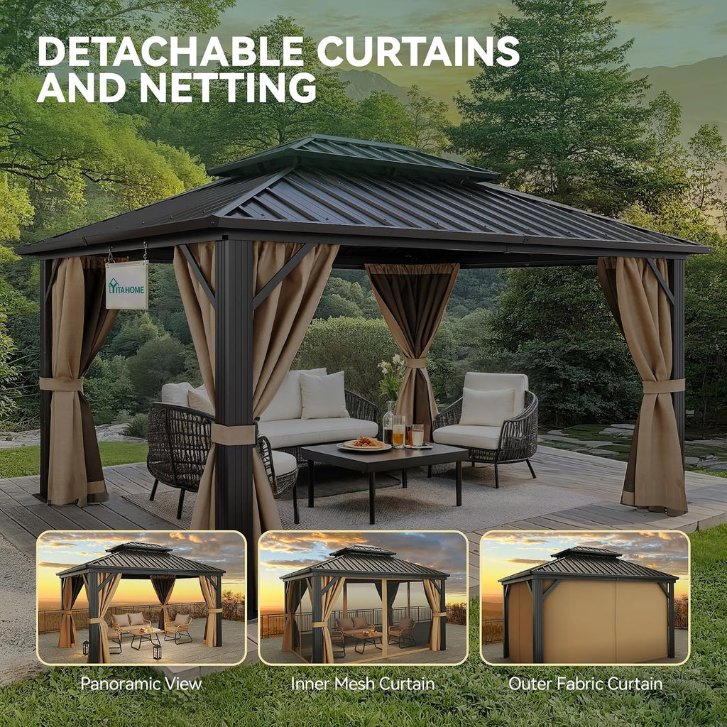 YITAHOME 10X12FT Hardtop Gazebo Double Roof Canopy Galvanized Iron Aluminum Frame Garden Tent Curtains Netting for Patios Backyards Decks Lawns