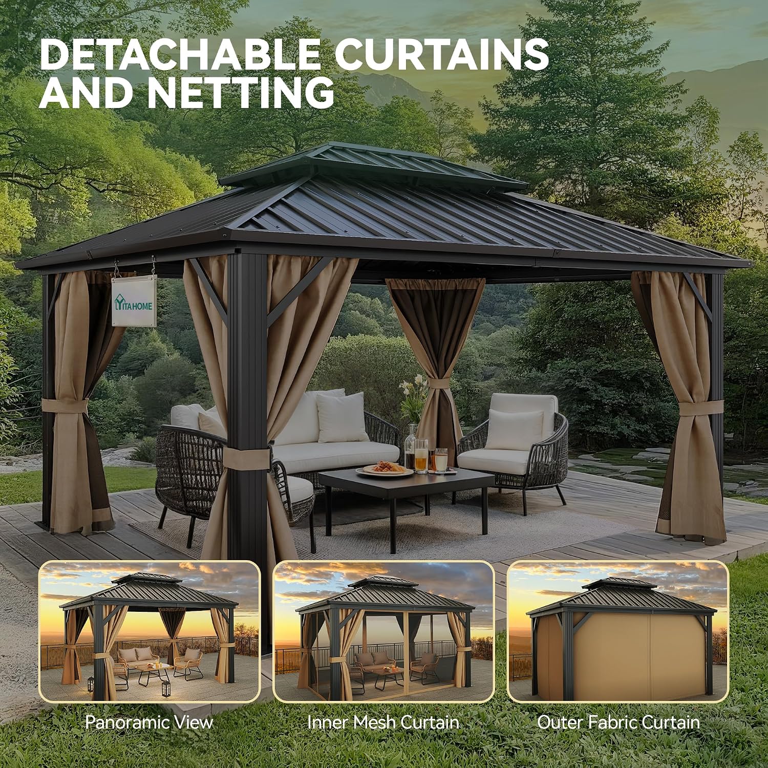 YITAHOME 10X12FT Hardtop Gazebo Double Roof Canopy Galvanized Iron Aluminum Frame Garden Tent Curtains Netting for Patios Backyards Decks Lawns