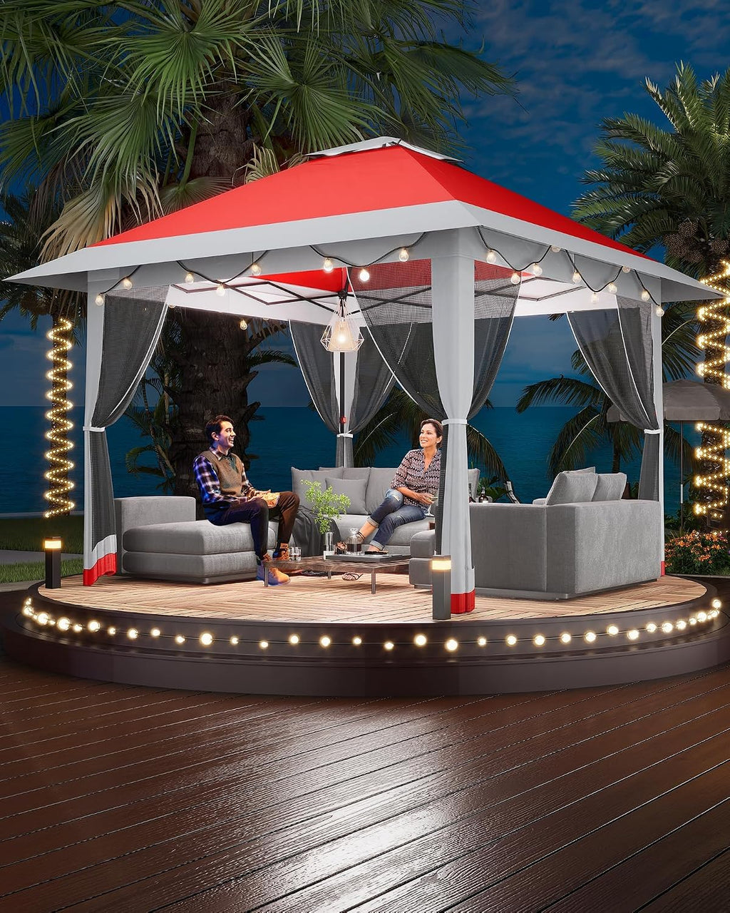 13x13ft Popup Hexagonal Gazebo with Mosquito Net, Adjustable Outdoor Hexagonal Canopy with Portable Handbag for Garden/Backyard/Patio - Gray (Red)