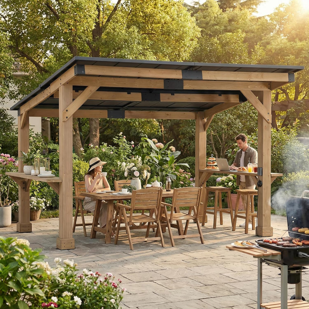 SUNJOY 12' x 10' Grill Gazebo, Outdoor Cedar Wood BBQ Pavilion Backyard Hot Tub Gazebo with Hardtop Metal Roof, Exclusive PowerPort and Bar Shelves, Permanent Cook Station for Patio, Deck, Garden