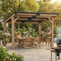 SUNJOY 12' x 10' Grill Gazebo, Outdoor Cedar Wood BBQ Pavilion Backyard Hot Tub Gazebo with Hardtop Metal Roof, Exclusive PowerPort and Bar Shelves, Permanent Cook Station for Patio, Deck, Garden
