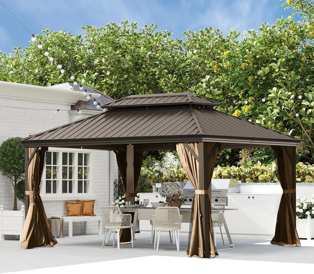 Domi 10x14 Outdoor Gazebo, Hardtop Gazebo with Aluminum Frame, Heavy Duty Pavilion Gazebo for Patio Deck Backyard, Curtain and Netting Included, Dark Brown