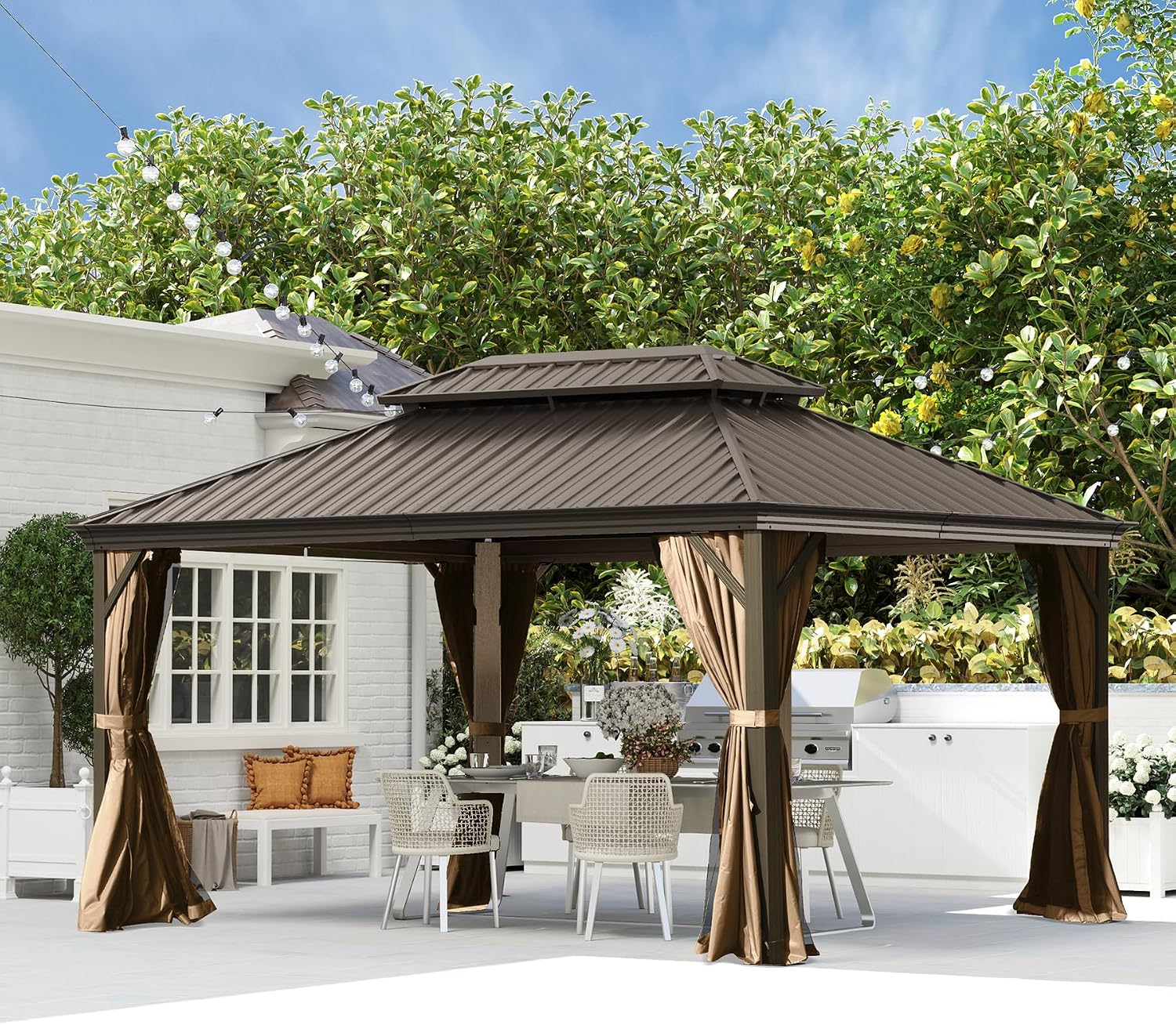 Domi 10x14 Outdoor Gazebo, Hardtop Gazebo with Aluminum Frame, Heavy Duty Pavilion Gazebo for Patio Deck Backyard, Curtain and Netting Included, Dark Brown