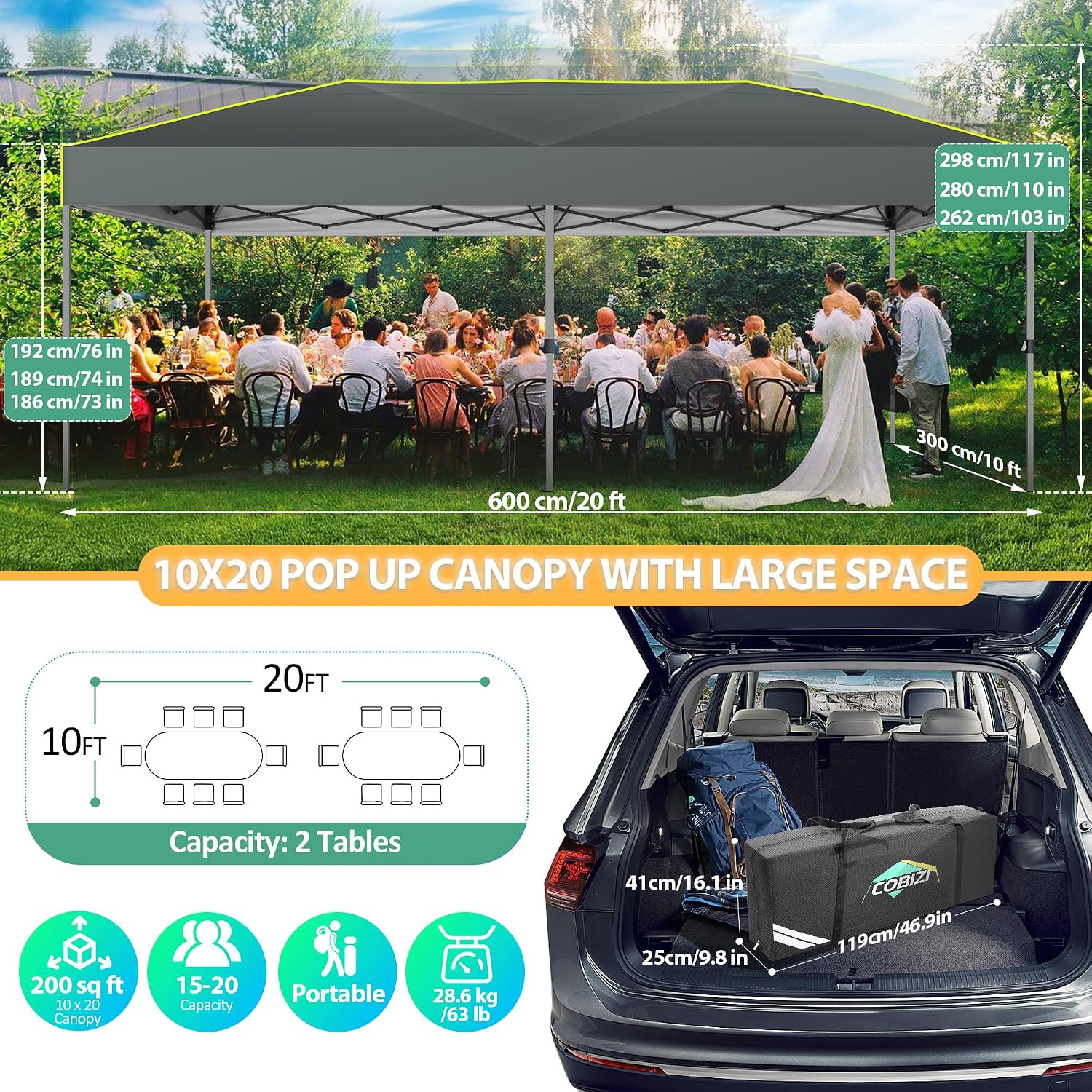 COBIZI 10x20 Pop Up Canopy Tent Ez Up Commercial Outdoor Canopy Wedding Party Tents with Center Lock Instant Folding Shelter with Reflective Strip, Air Vent & 4 Sandbags, (10'X20') Grey